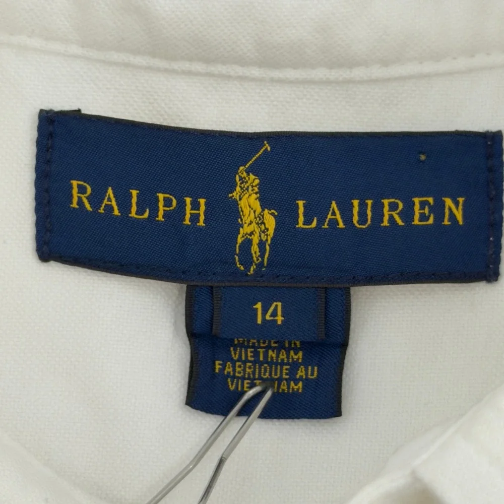Ralph Lauren Boys White Cotton Oxford Long Sleeve Button Down Shirt Size 14